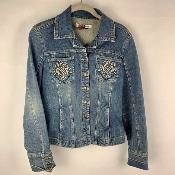 Vtg Denim Jacket Womens Small Blue Jean Button Front Western Y2K 90s Biker - Picture 1 of 13